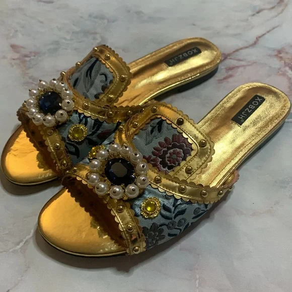 XOBZJH Evening Slides Rhinestone Sandal gold party shoes embroidery shoes 9.5 - Picture 7 of 13